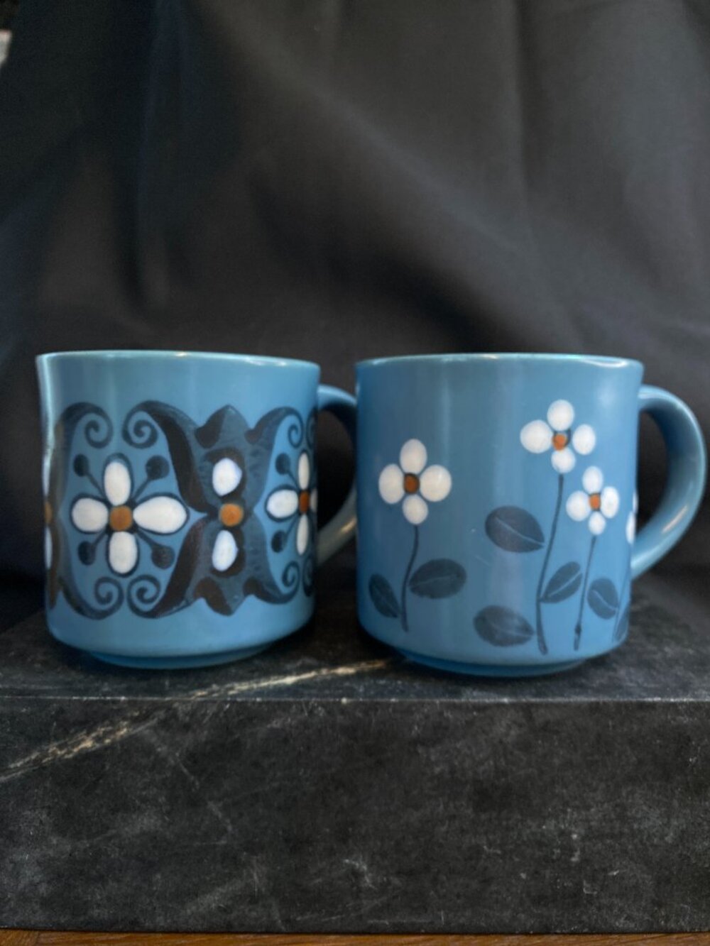 2 Boho MCM Glazed Blue & Flowered Ceramic Coffee Mugs